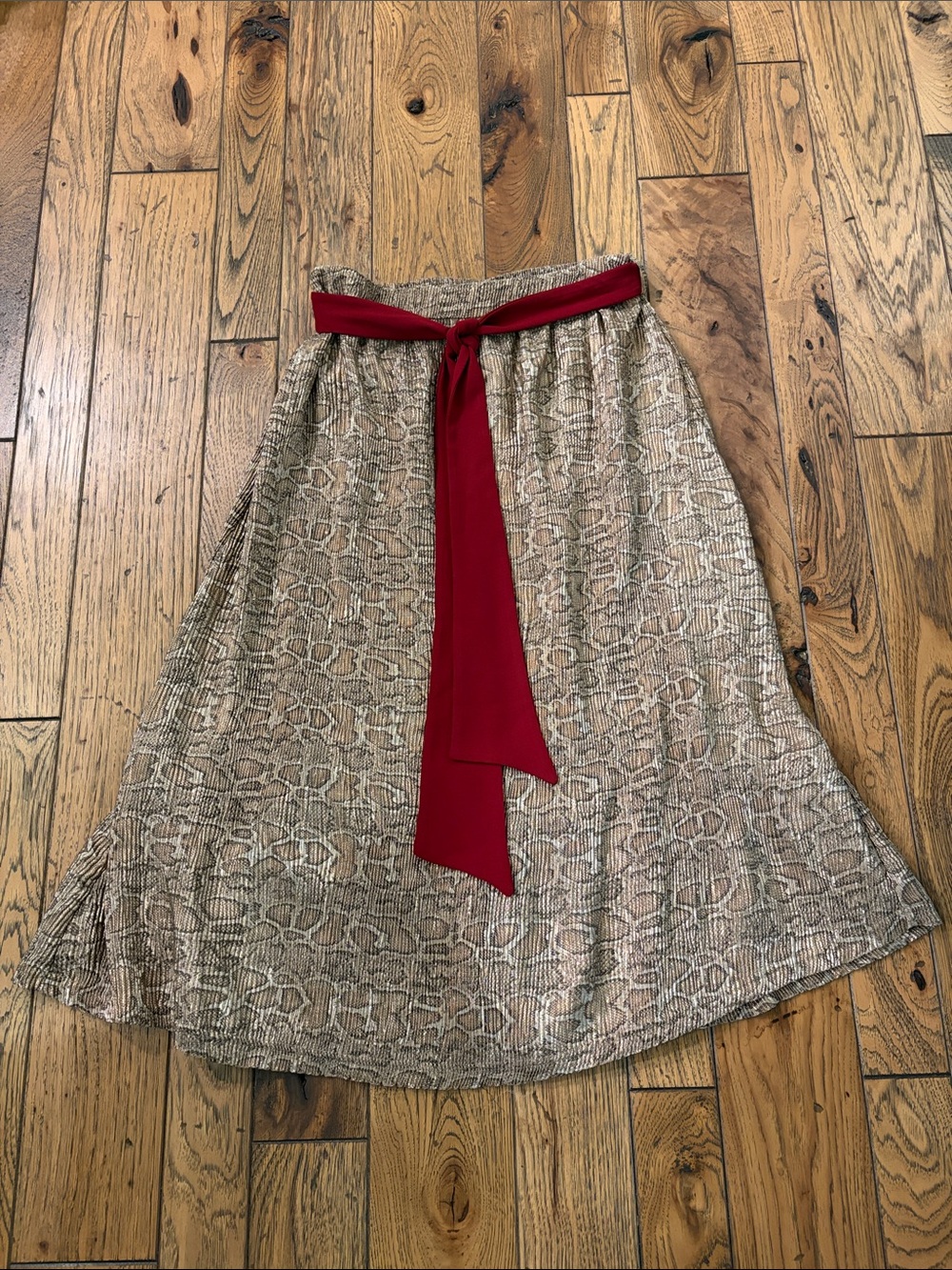 Seeing Red Voy Neutral Snake-Print Midi Skirt with Red Waist Sash